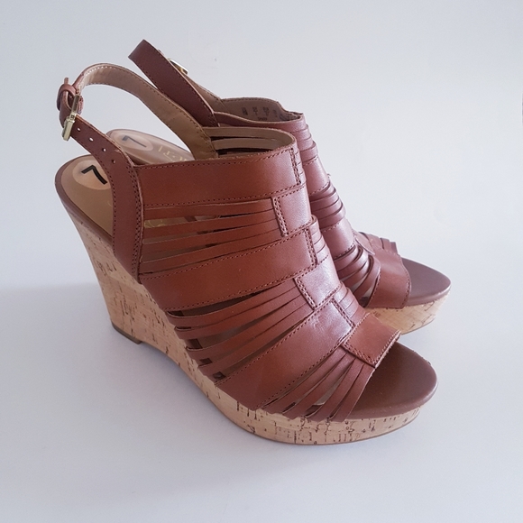 FRANCO SARTO Brown Leather Platform Cork Wedges - Picture 2 of 13